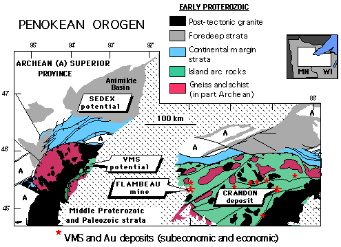 Volcanogenic massive sulfide (or VMS) and gold (Au) deposits associated with Penokean orogen geology.