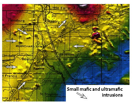 Several examples of the small mafic and ultramafic intrusions as they appear in aeromagnetic imagery.
