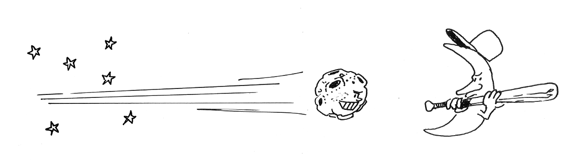 Artist's rendering of the moon playing baseball with a comet.