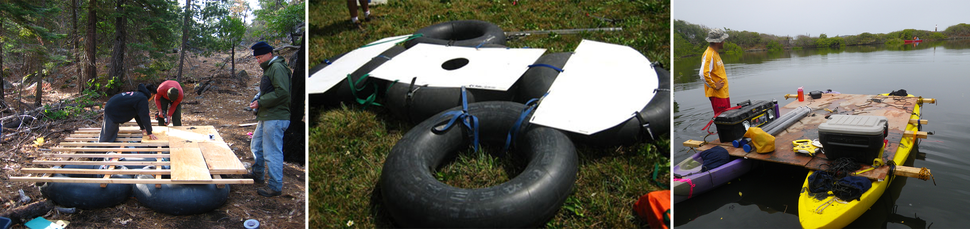 Three photos of boats constructed from inner tubes, plywood and other locally sourced materials