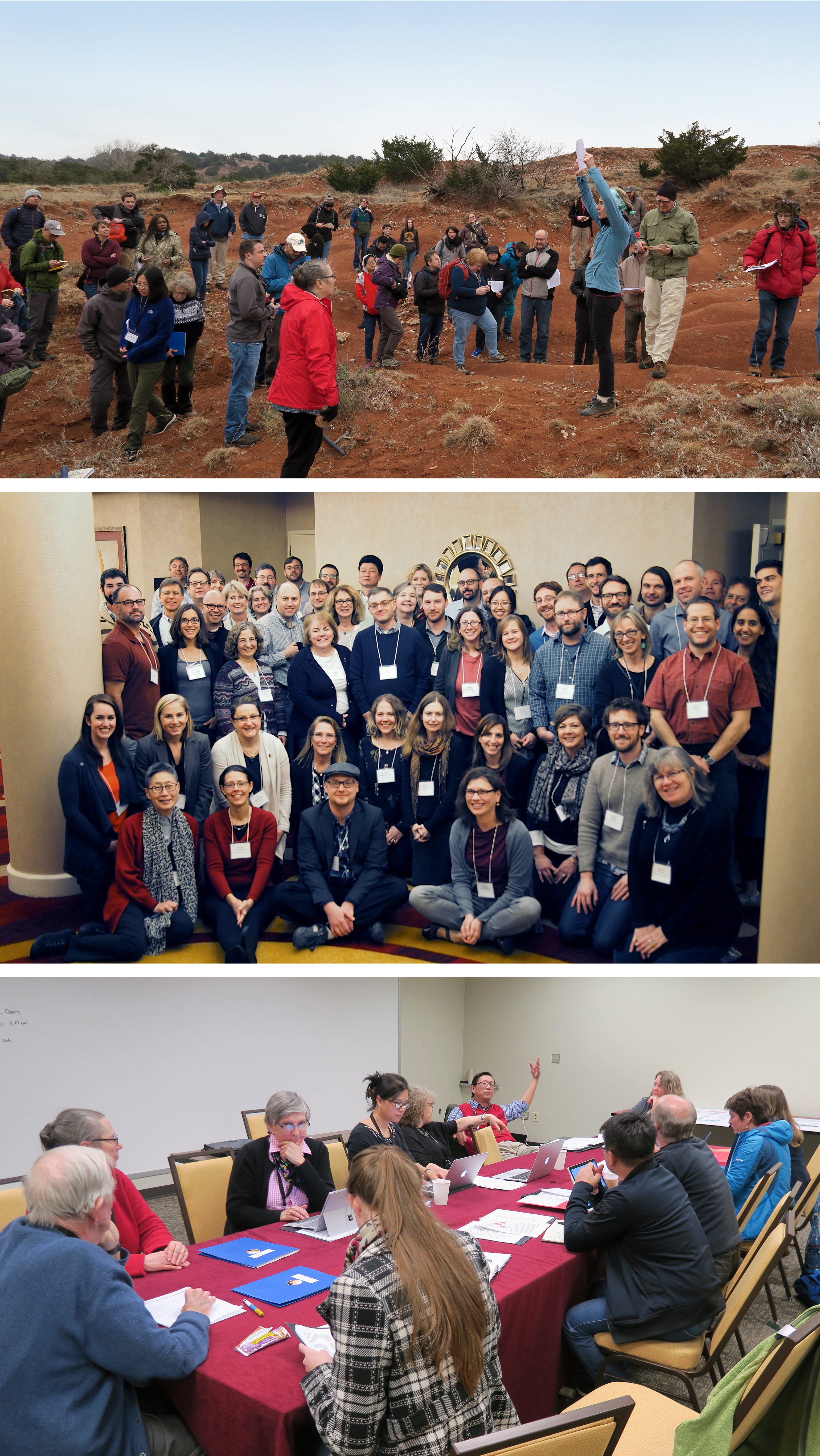 Top image of researchers assessing a project site, middle image of ICDP workshop, bottom image of workshop
