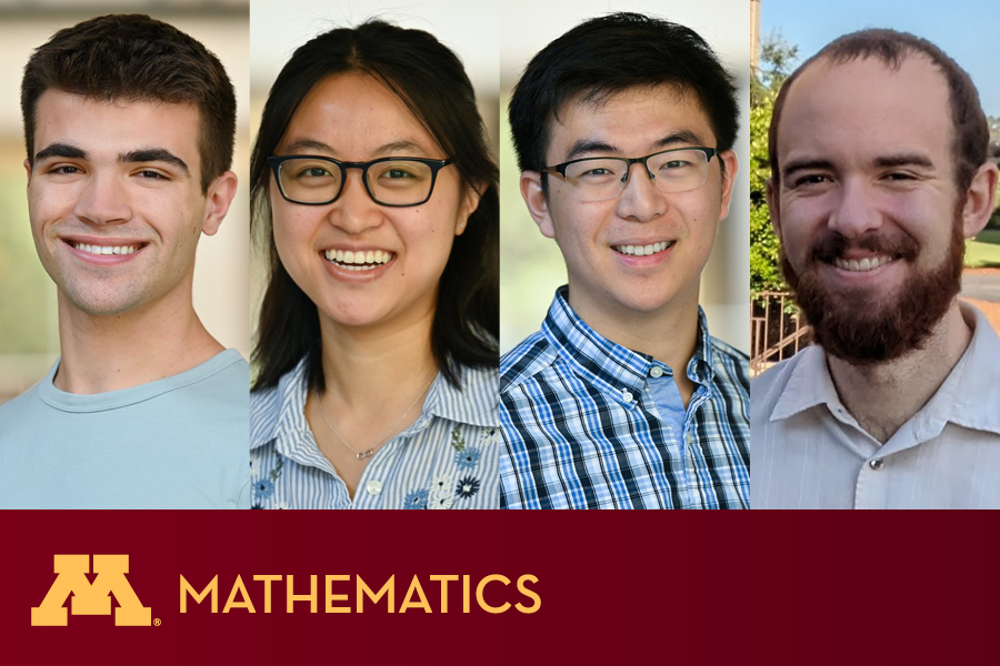 Headshot photographs of four Math graduate students over a maroon banner.