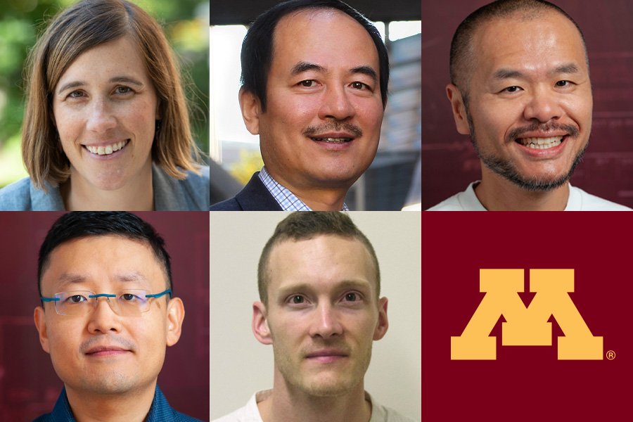 five headshots of faculty members in a grid with one square that is a maroon background with a gold M