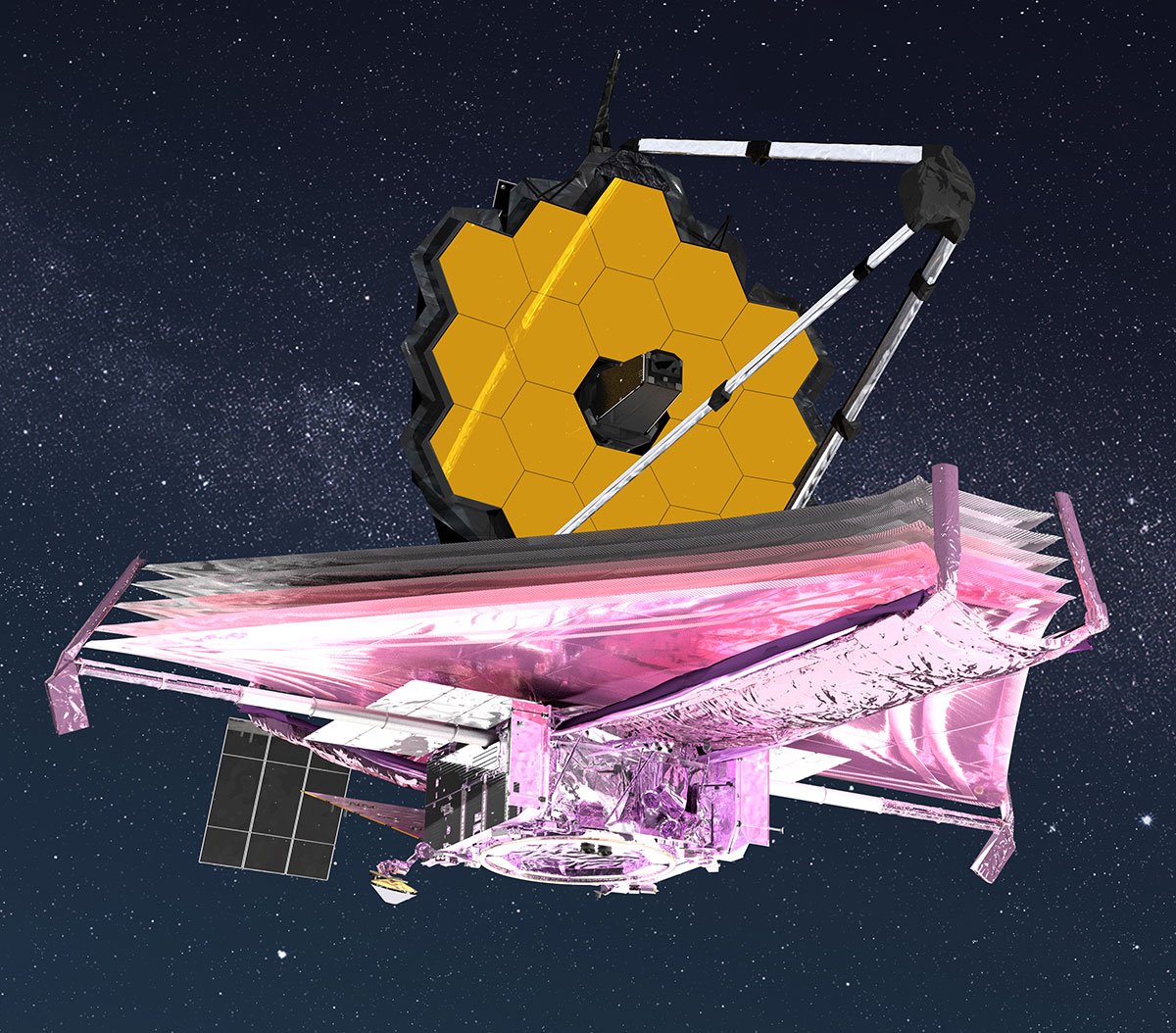 Illustration of a large, flat base with a giant yellow-tiled satellite dish on top of it, floating in space.