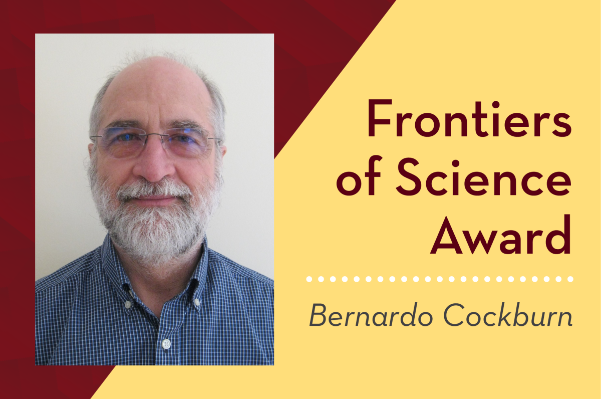 Maroon and gold graphic announcing Bernardo Cockburn's Frontiers of Science Award