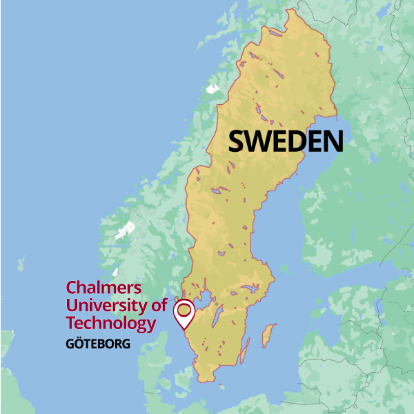 A map of Sweden with Chalmers University of Technology highlighted