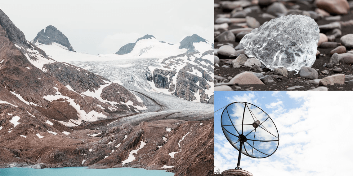 Collage of images of glacier coming down mountain, stand alone ice, and a satellite