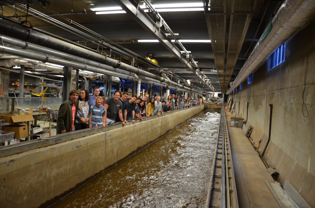 Photo of the main channel with people lined up next to it
