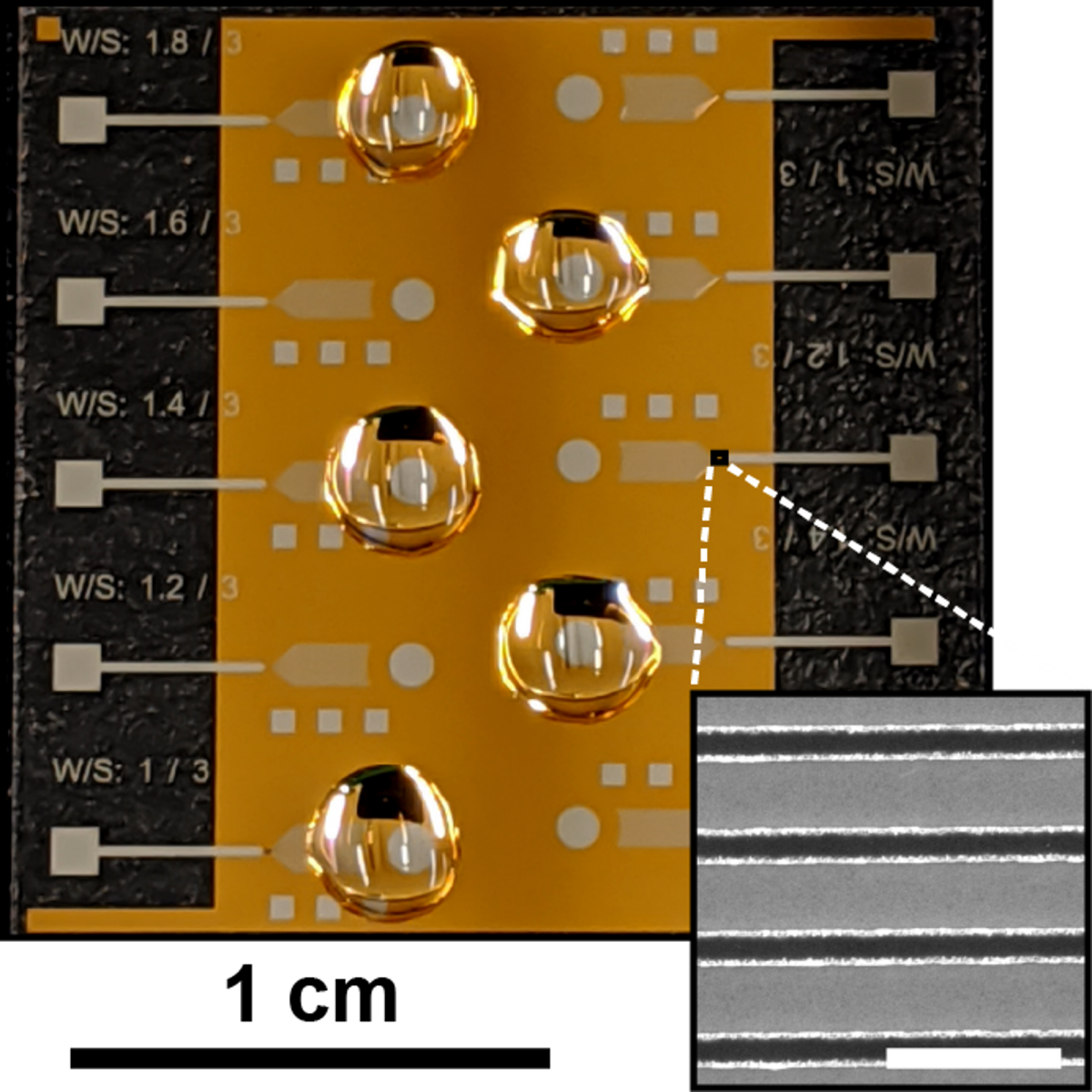Diagnostic microchip with liquid droplets on the surface