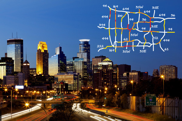 Minneapolis skyline with highway network overlay