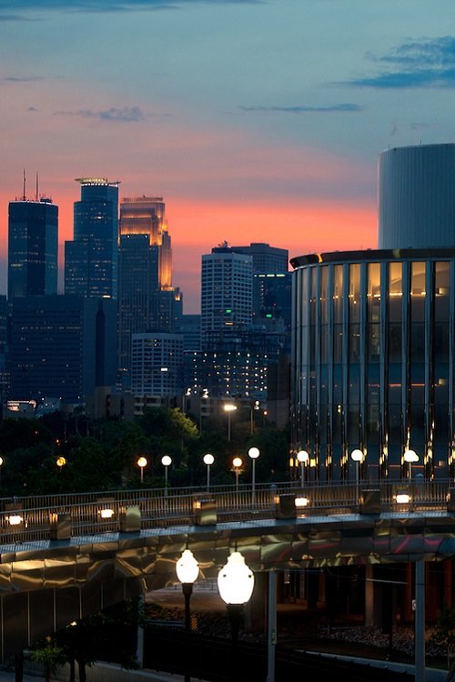 Minneapolis city skyline at dusk 