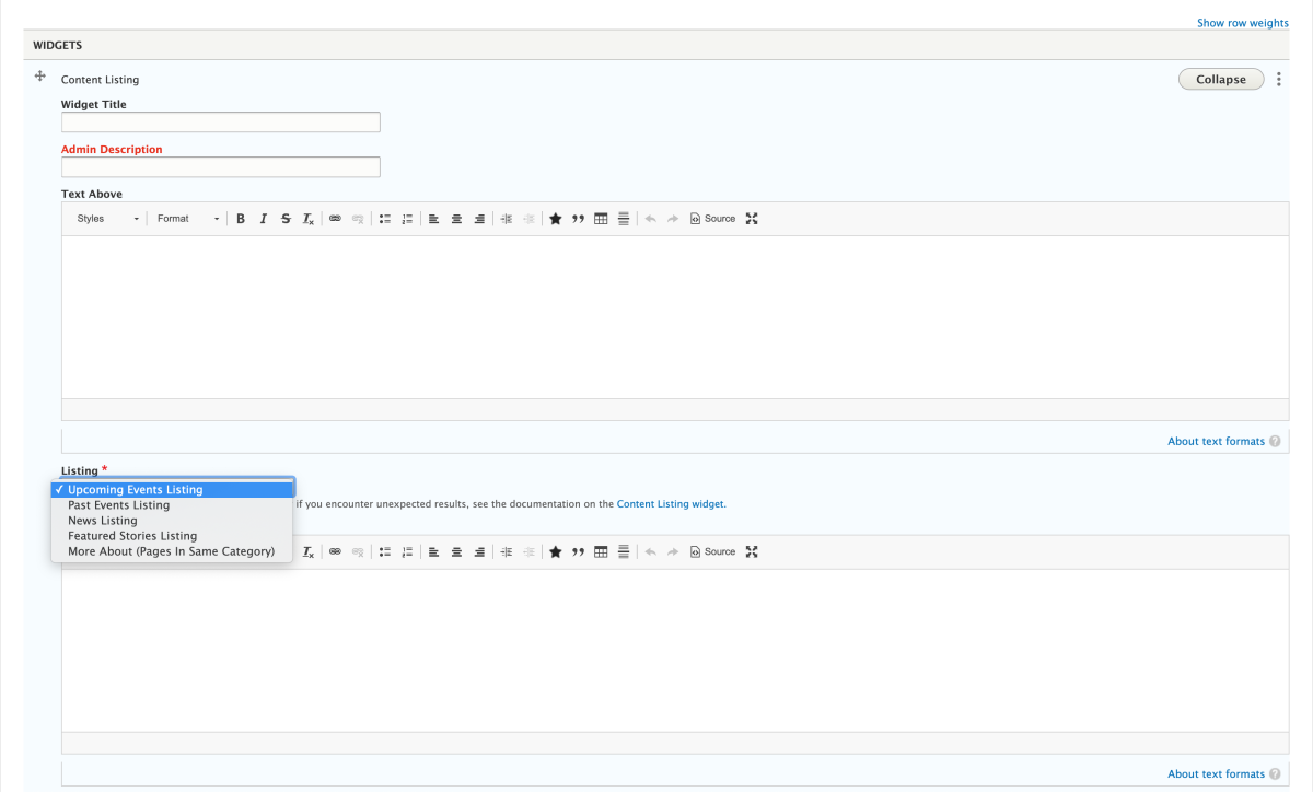 Screenshot of the Content Listing edit window. 