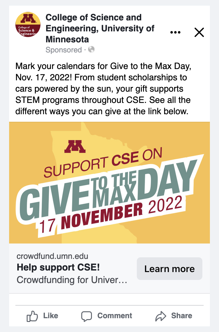 Example of a Facebook ad for CSE Give to the Max Day