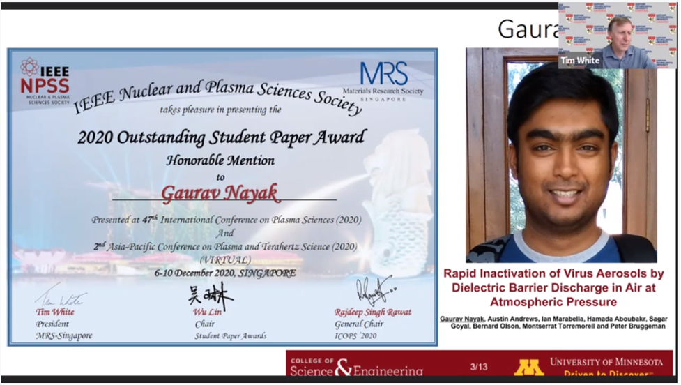 Gaurav Nayak receiving virtual award for plasma science