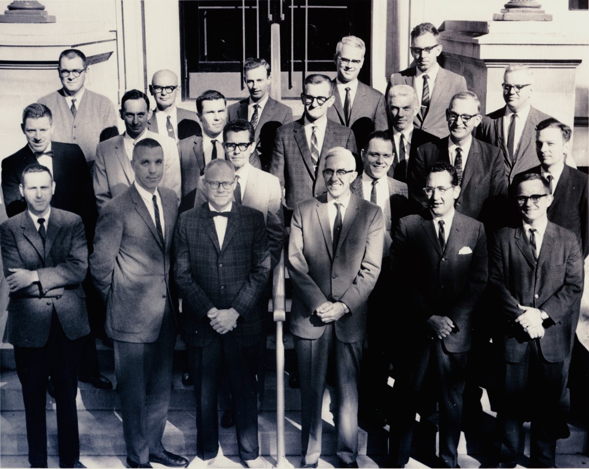 black and white photo of heat transfer faculty and students