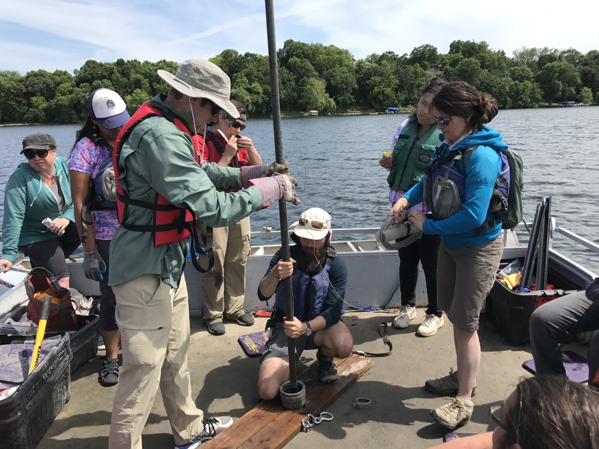 Summer Drilling camp students coring on a lake in Minnesota