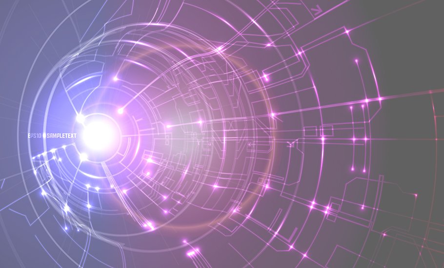 Graphic representing technology with a series of concentric circles connected with dots of pink and purple light