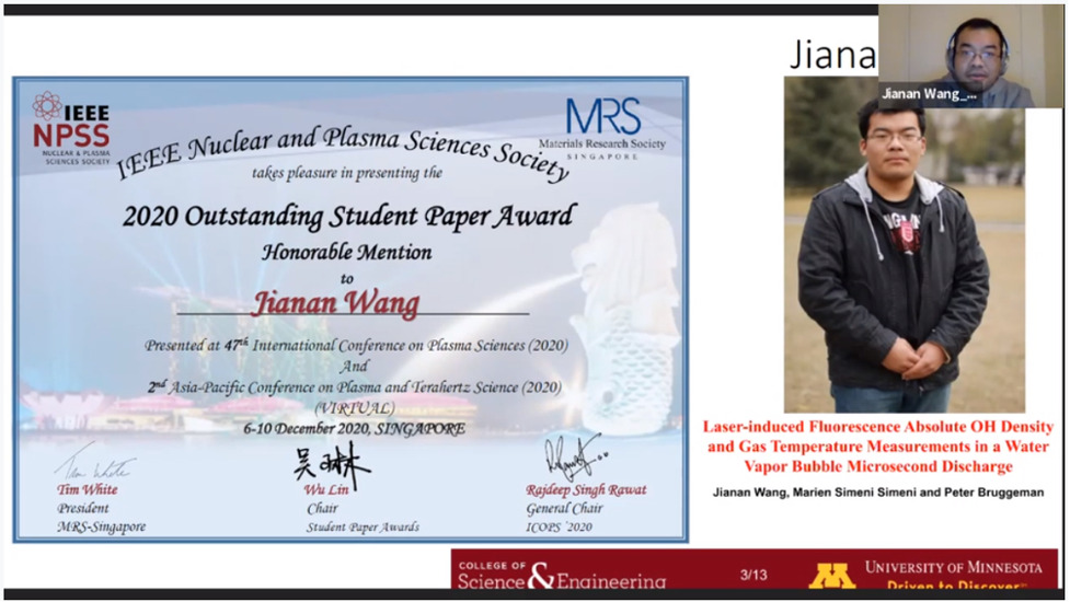 Jianan Wang wins plasma science award