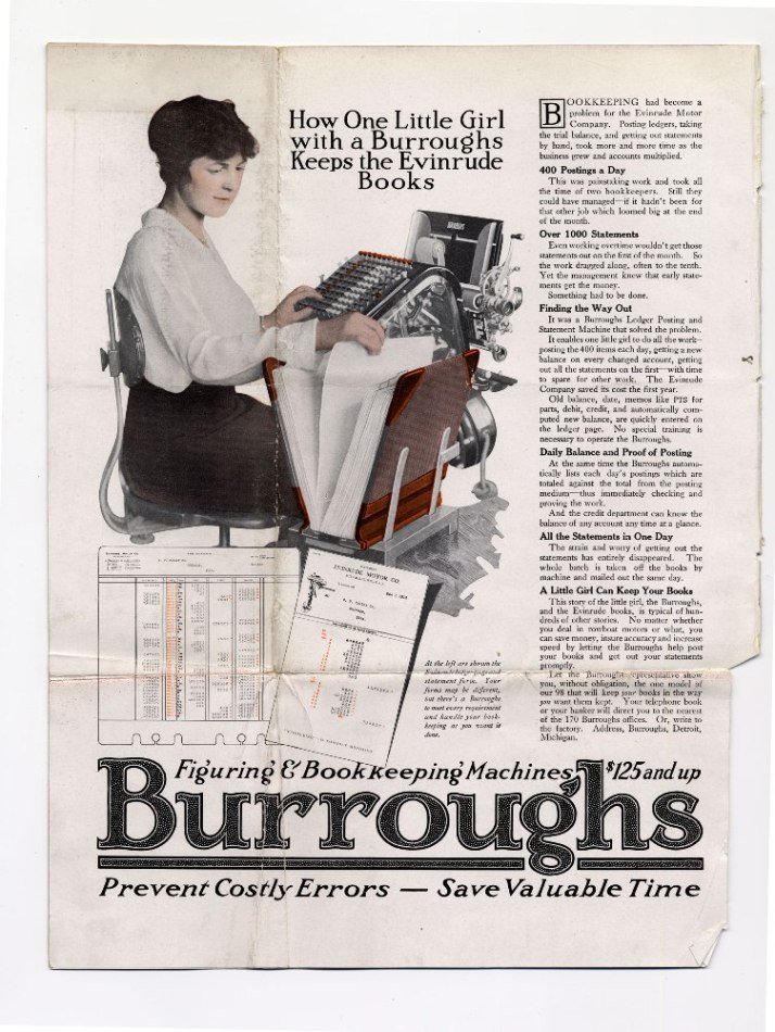 How One Little Girl with a Burroughs Keeps the Evinrude Books (1915). Burroughs Corporation Records. Advertising Samples, 1904-1986 (CBI 90, Series 1)