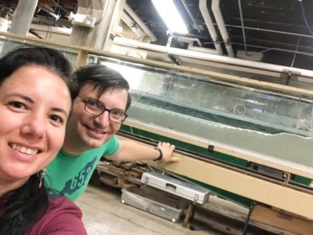 Dr. Polanco and Dr. Romaniello at Saint Anthony Falls Laboratory with the flume tank experiments.
