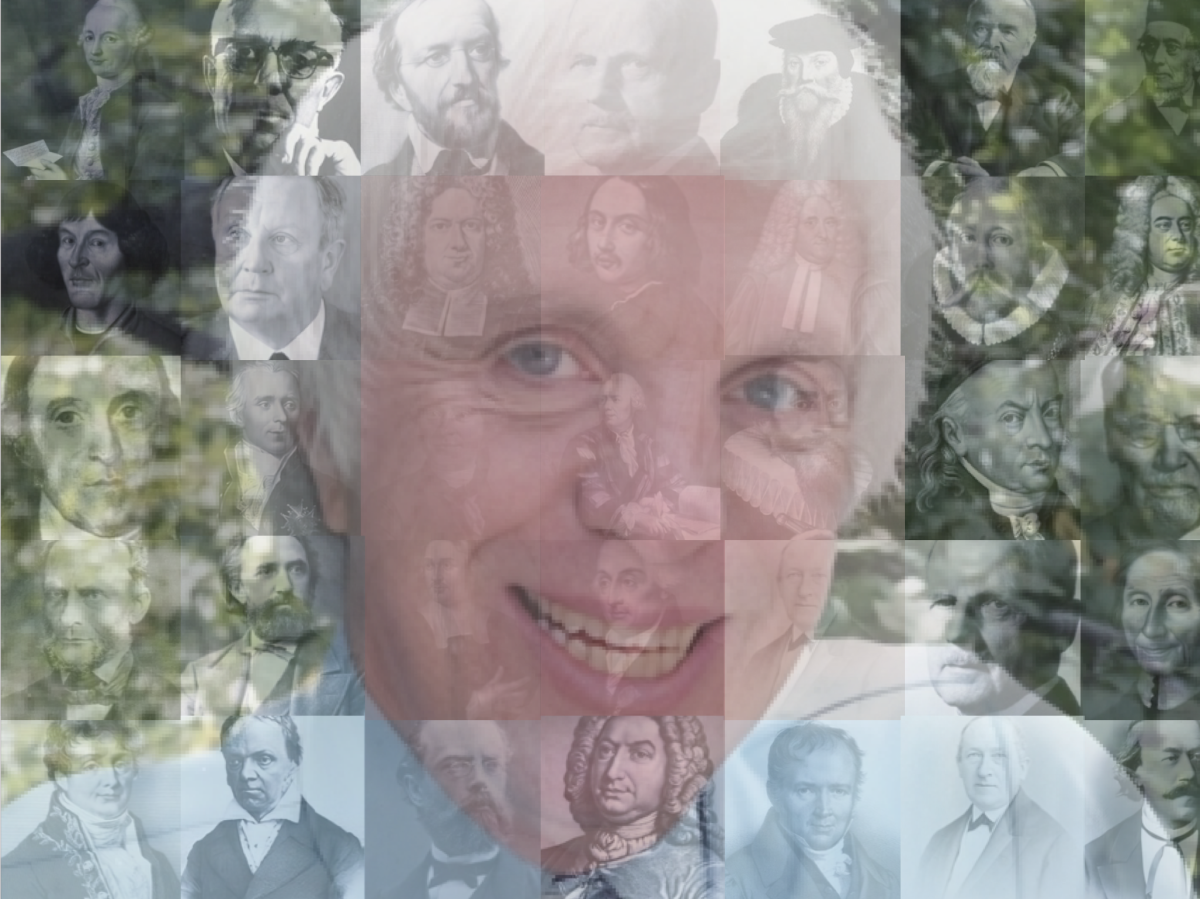 Image of older white man with black and white photos of philosophers superimposed over the photo