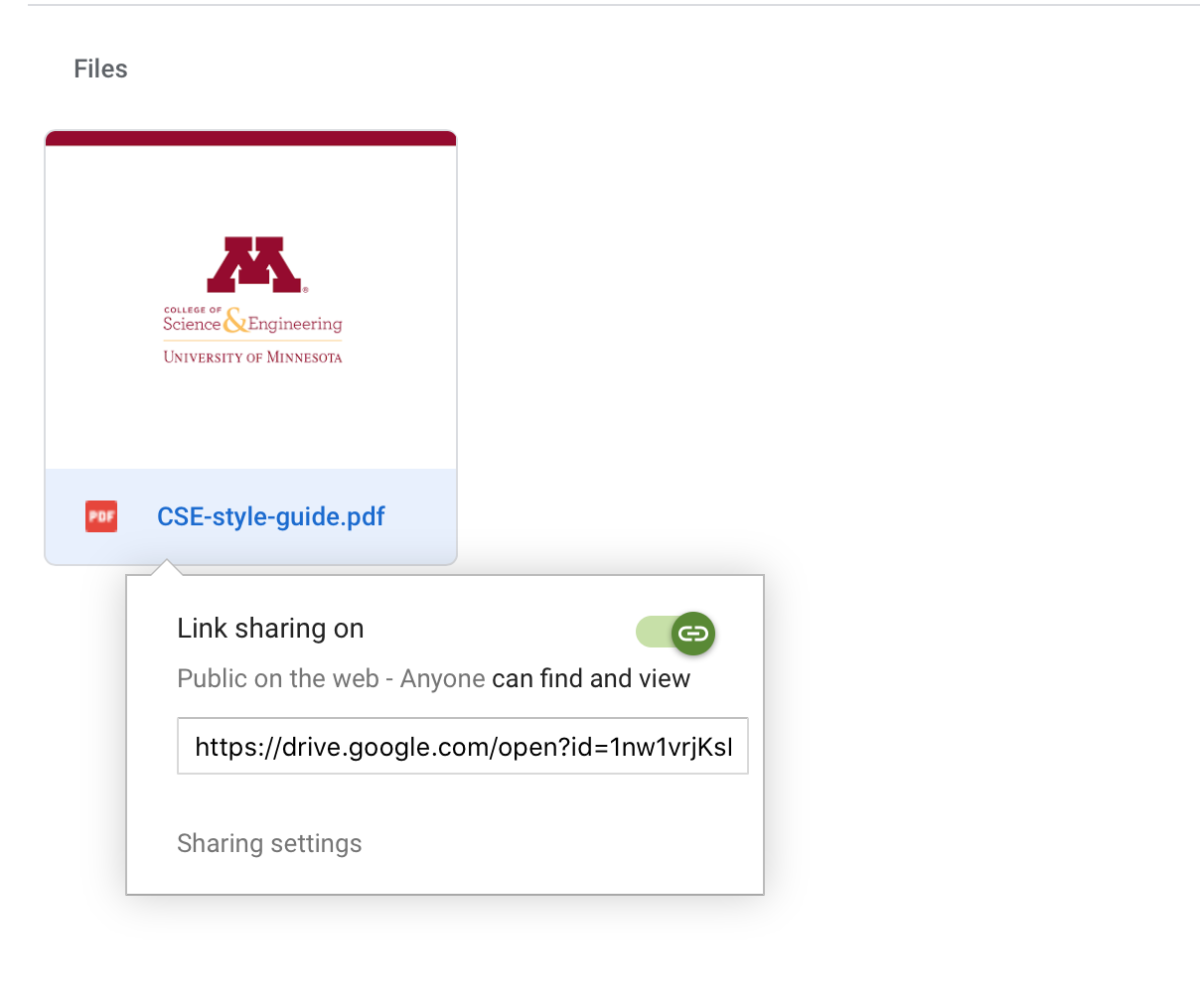 Screenshot of the shareable link pop-up in Google Drive