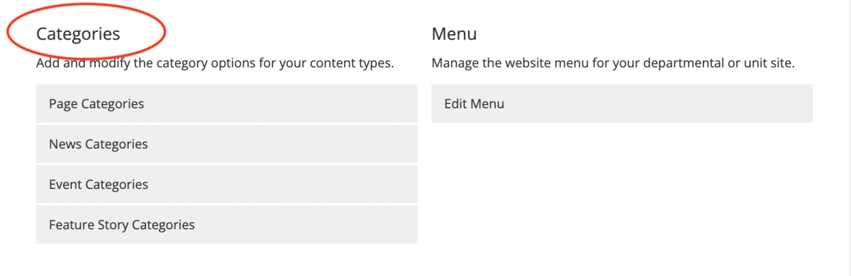 Screenshot of the categories edit links on the site management page