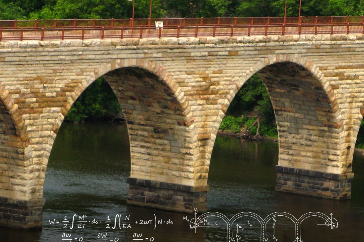 Stone arch bridge with engineering calculations and sketches overlaid