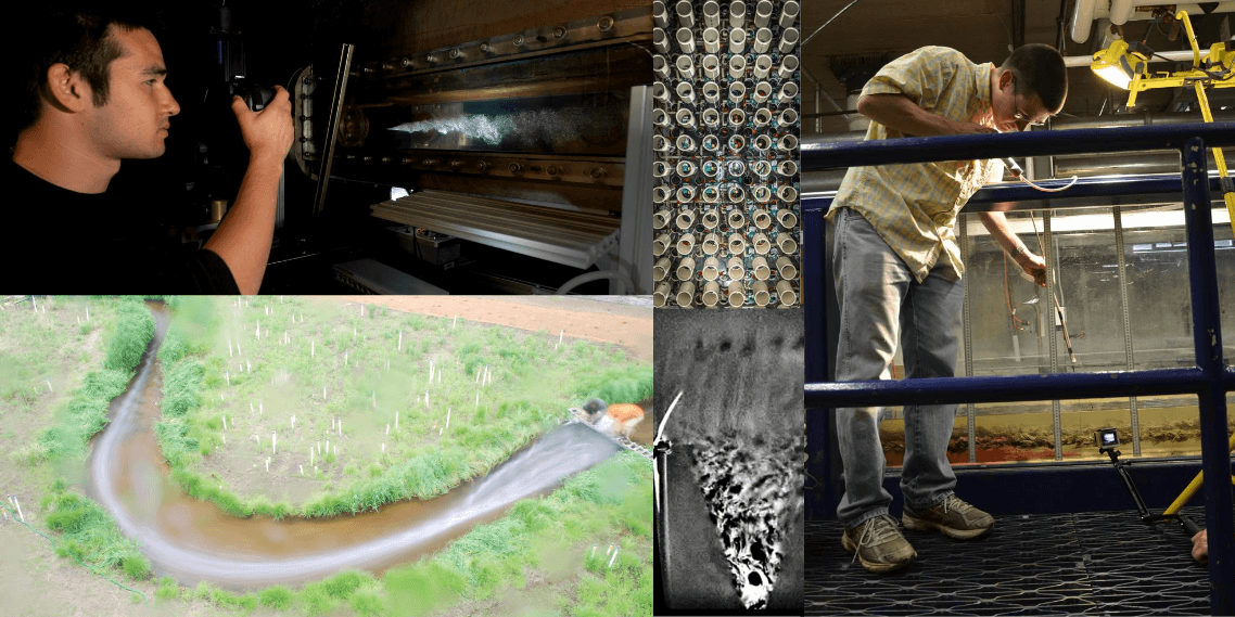 Photo Collage of turbulent flow experiments and facilities