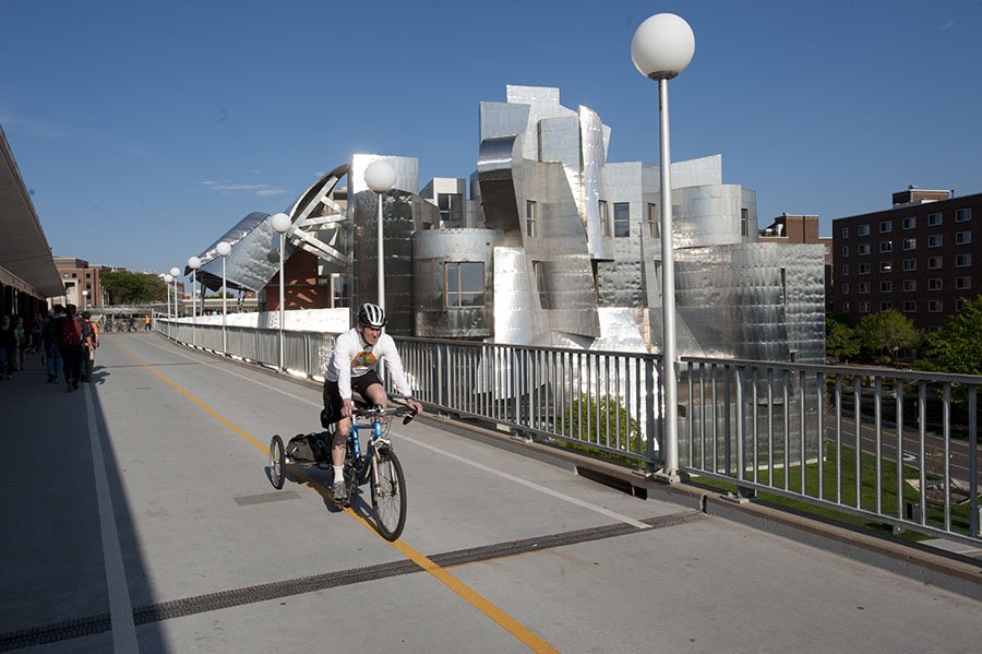 bicyclist near Weisman Art Museum