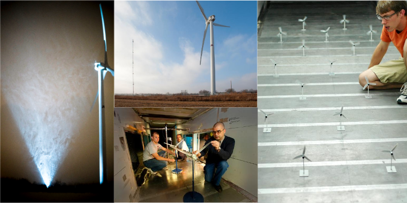 Collage of wind turbine and wind tunnel pictures