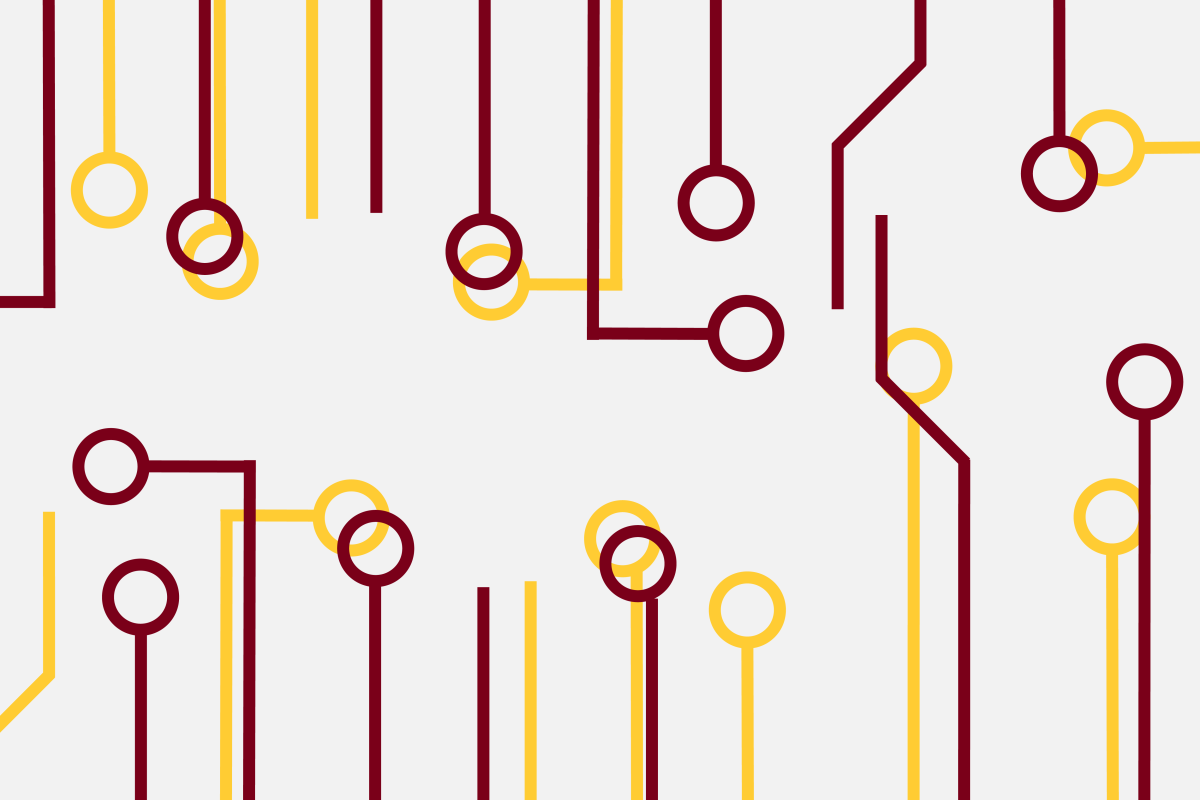 Maroon and gold lines with circles mimicking a circuit board 