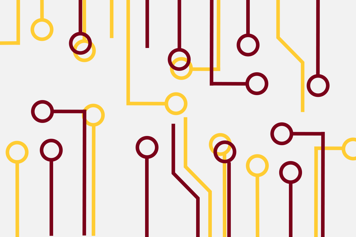 Maroon and gold lines with circles mimicking a circuit board 