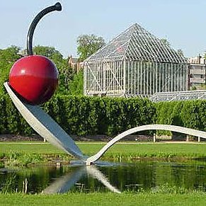 The iconic sculpture Spoonbridge and Cherry by Claes Oldenburg and Coosje van Bruggen in the Minneapolis Sculpture Garden