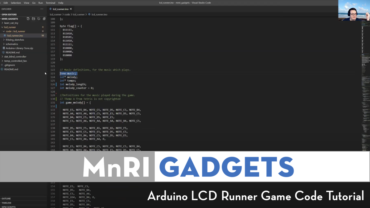 MnRI Gadgets Arduino LCD Runner Game Coding Tutorial thumbnail with code in background
