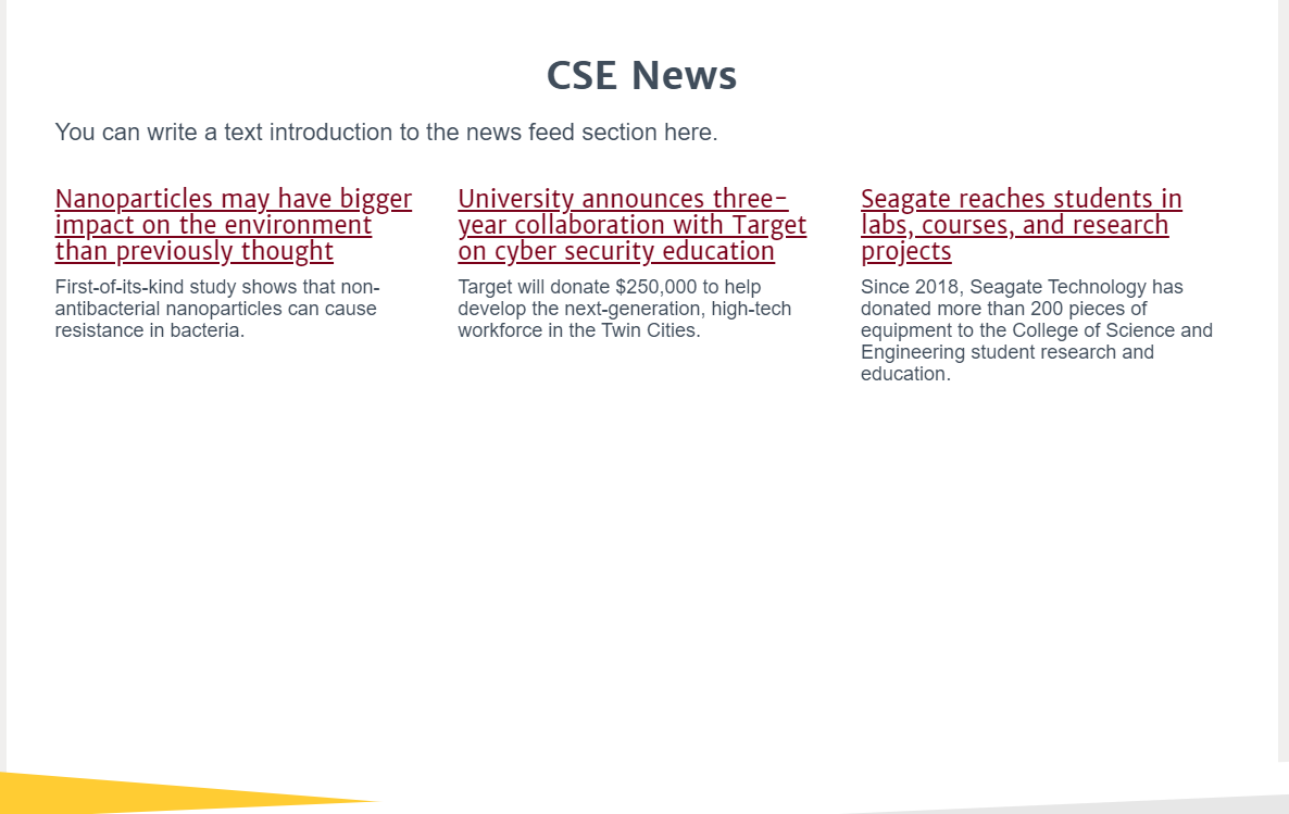 Example of the department news widget with the featured text display option