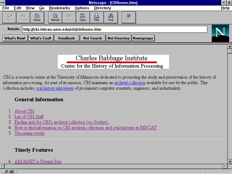 One of the earliest versions of the CBI home page.