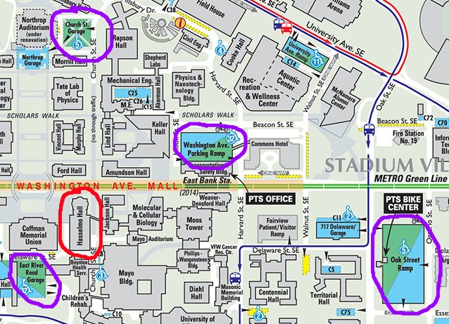 Map showing how to visit the Department of Biomedical Engineering. Nils Hasselmo Hall is circled, as are nearby parking options.