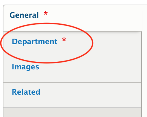 Screenshot of the editing tabs with the Department tab circled