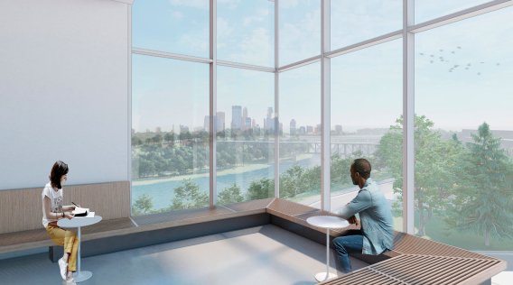 Illustration of future study space in chemistry building with windows overlooking the river and Minneapolis skyline
