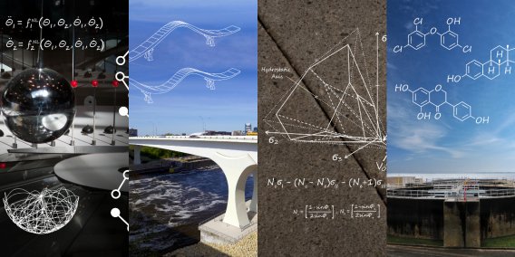 collage of civil engineering and science images (bridge, equations, chemistry)