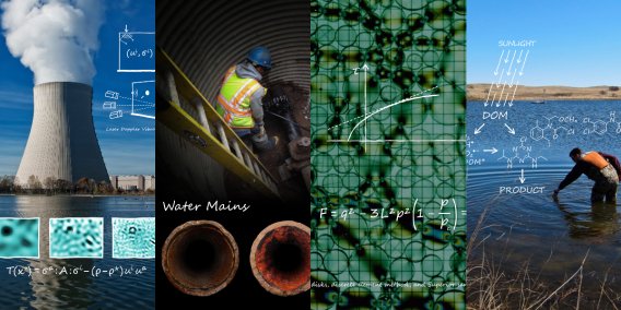 collage of civil engineering and science images (power plant, water main, chemistry, water measurements)