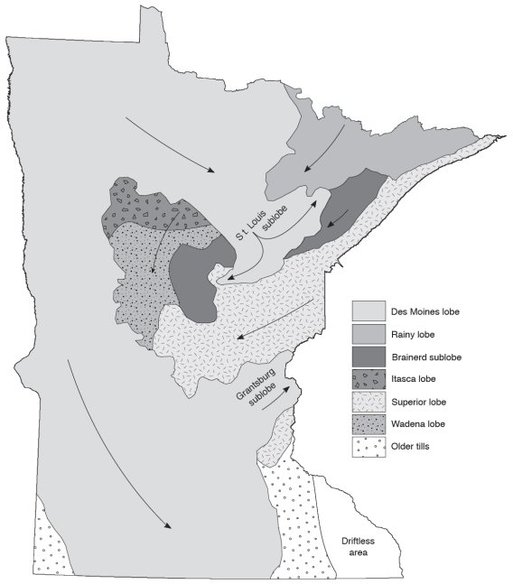 Simplified map showing the extent and flow directions of ice lobes that covered Minnesota during the Ice Age.