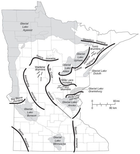 Map showing the major end moraines and glacial lakes during the Wisconsinan episode (not necessarily contemporaneous).