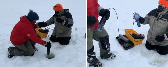 Two researchers using hydrolab equipment through a hole on a frozen lake