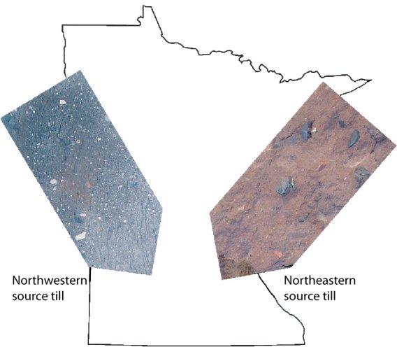 Gray versus red till in Minnesota and their general location and direction of movement from their source areas.
