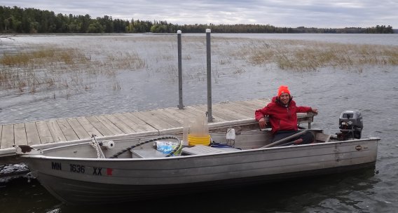 Motorboat with research equipment and researcher
