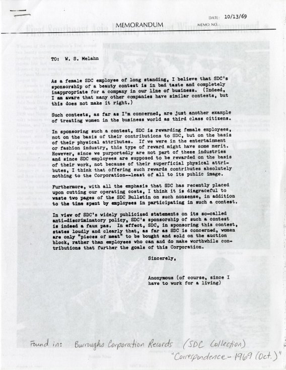 Memorandum, 13 October, 1969. From: Burroughs Corporation Records. System Development Corporation Records (CBI 90, Series 98), now in CBI General Subject Files.