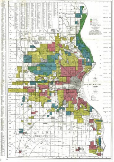 Figure 4: Home Owner’s Loan Corporation Map of Milwaukee, Wisconsin, 1938, National Archives; image retrieved from Mapping Inequality, University of Richmond, https://dsl.richmond.edu/panorama/redlining/#loc=11/43.03/-88.196&city=milwaukee-co.-wi