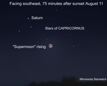 Saturn, Stars of CAPRICORNUS, "Supermoon" rising, facing southeast 75 minutes after sunset on August 11th